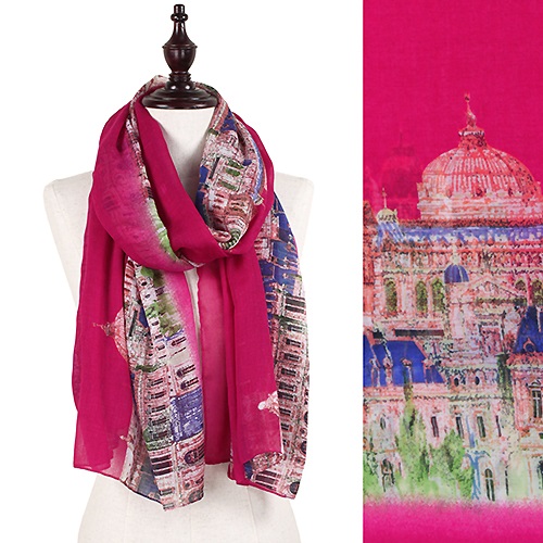 Scarf - City in Europe Printed Oblong Scarf - Pink - Click Image to Close