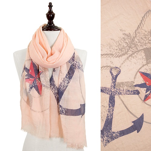 Scarf - Anchor Print Oblong Scarf with Frayed Edge - Click Image to Close