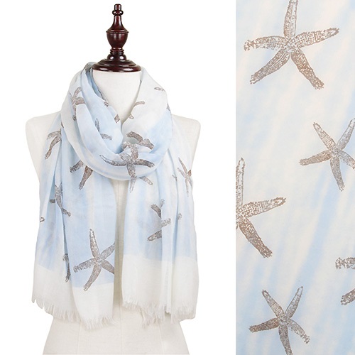 Scarf - Frayed End Starfish Print Oblong Scarf - Click Image to Close