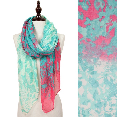 Scarf - Abstract Flower Print Oblong Scarf Fushia Mint and Lemon - Click Image to Close