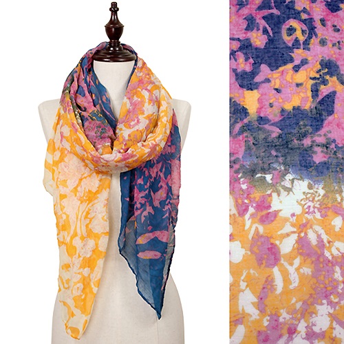 Scarf - Abstract Flower Print Oblong Scarf - Navy Purple - Click Image to Close