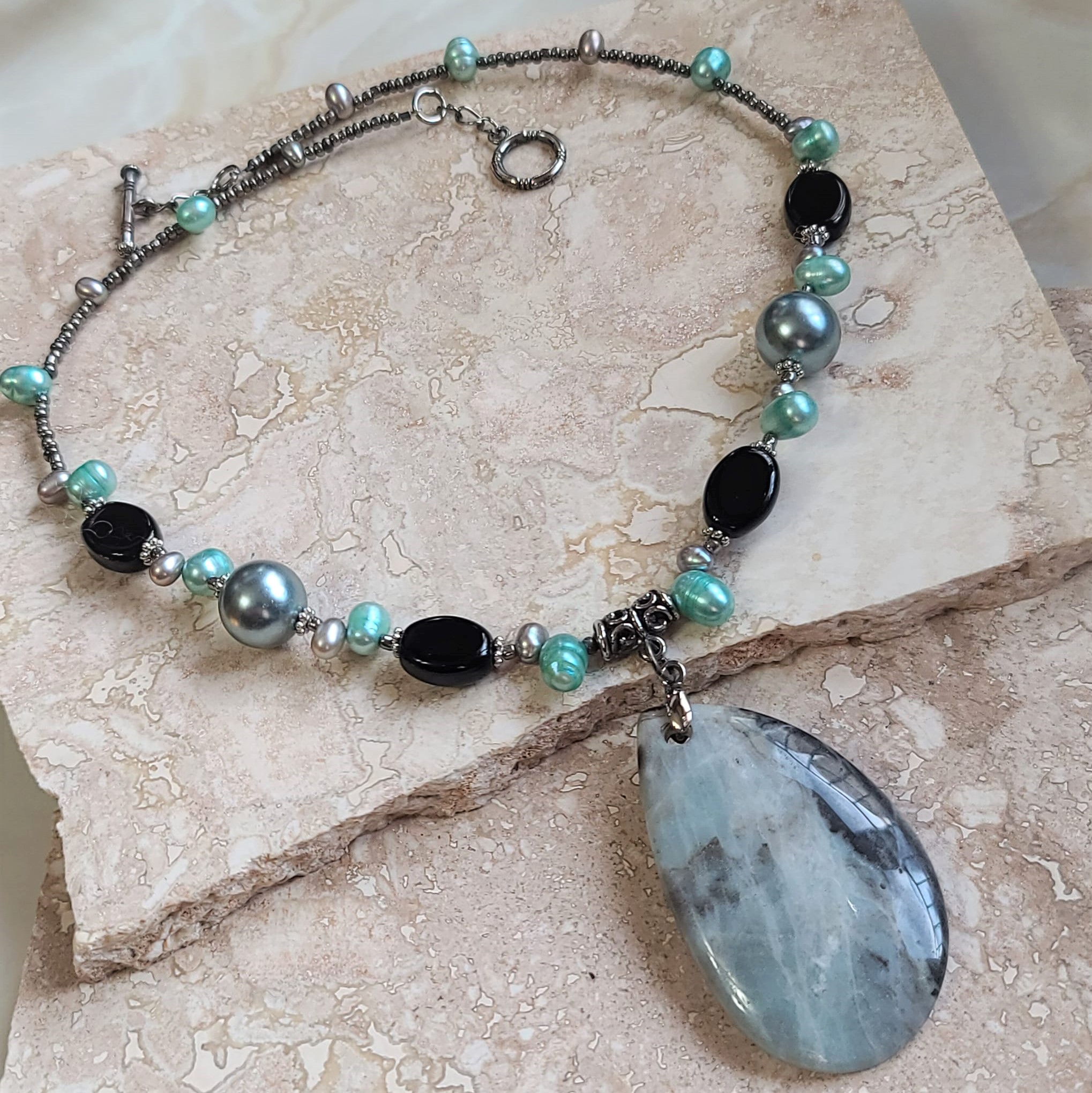 Amazonite, Black Onyx & Pearl Pendant Necklace