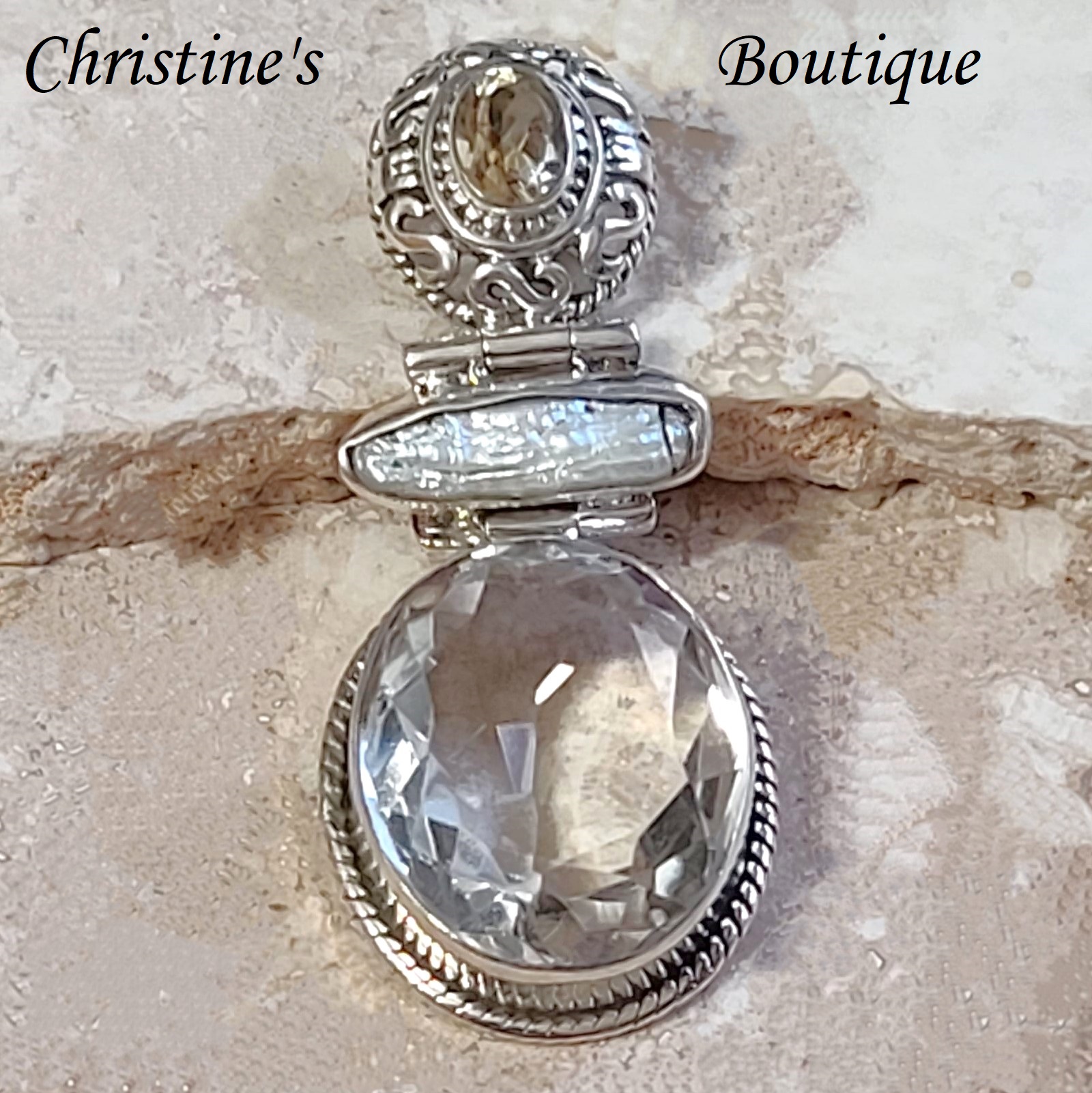 White Topaz & Citrine Gemstone Sterling Silver Pendant