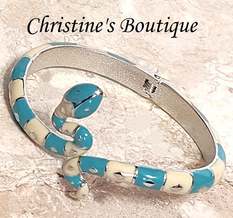 Enamel Turquoise and White Snake Clamp Bracelet