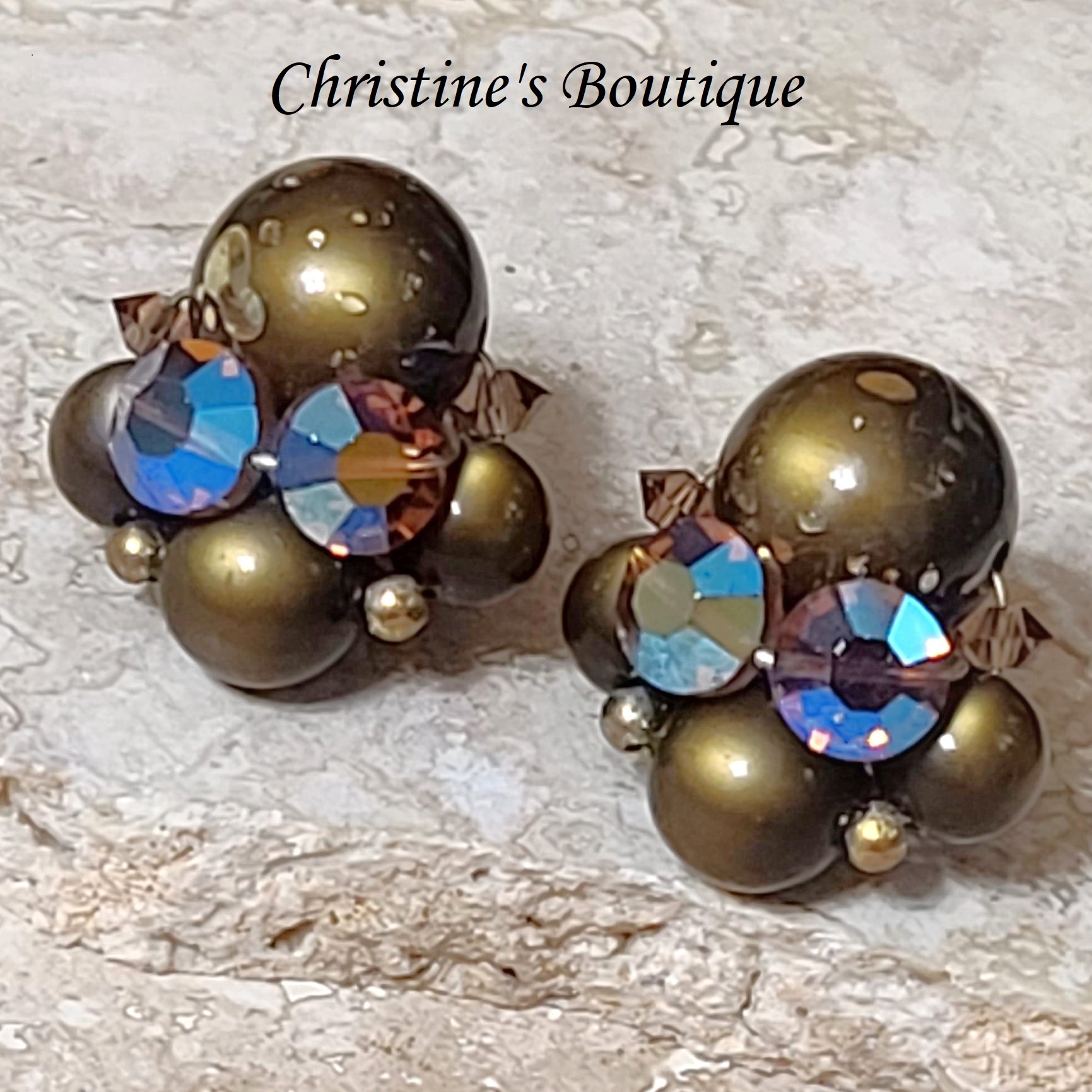 Aurora Borealis and Brown Speckled Bead Clip Earrings - Click Image to Close