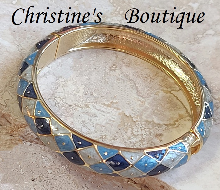 Enamel bracelet, blue hues, plaid pattern clamp style bracelet