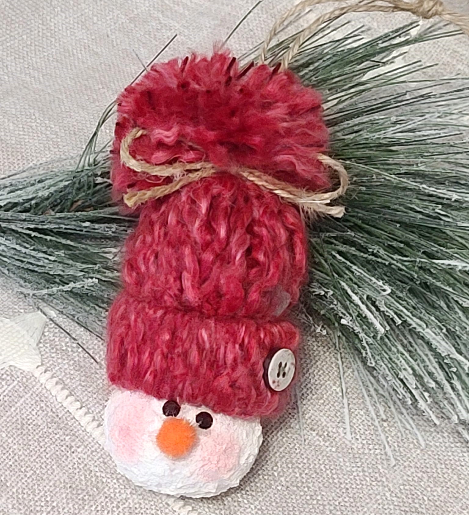 Handpainted gourd snowman ornament with knit hat - rose color