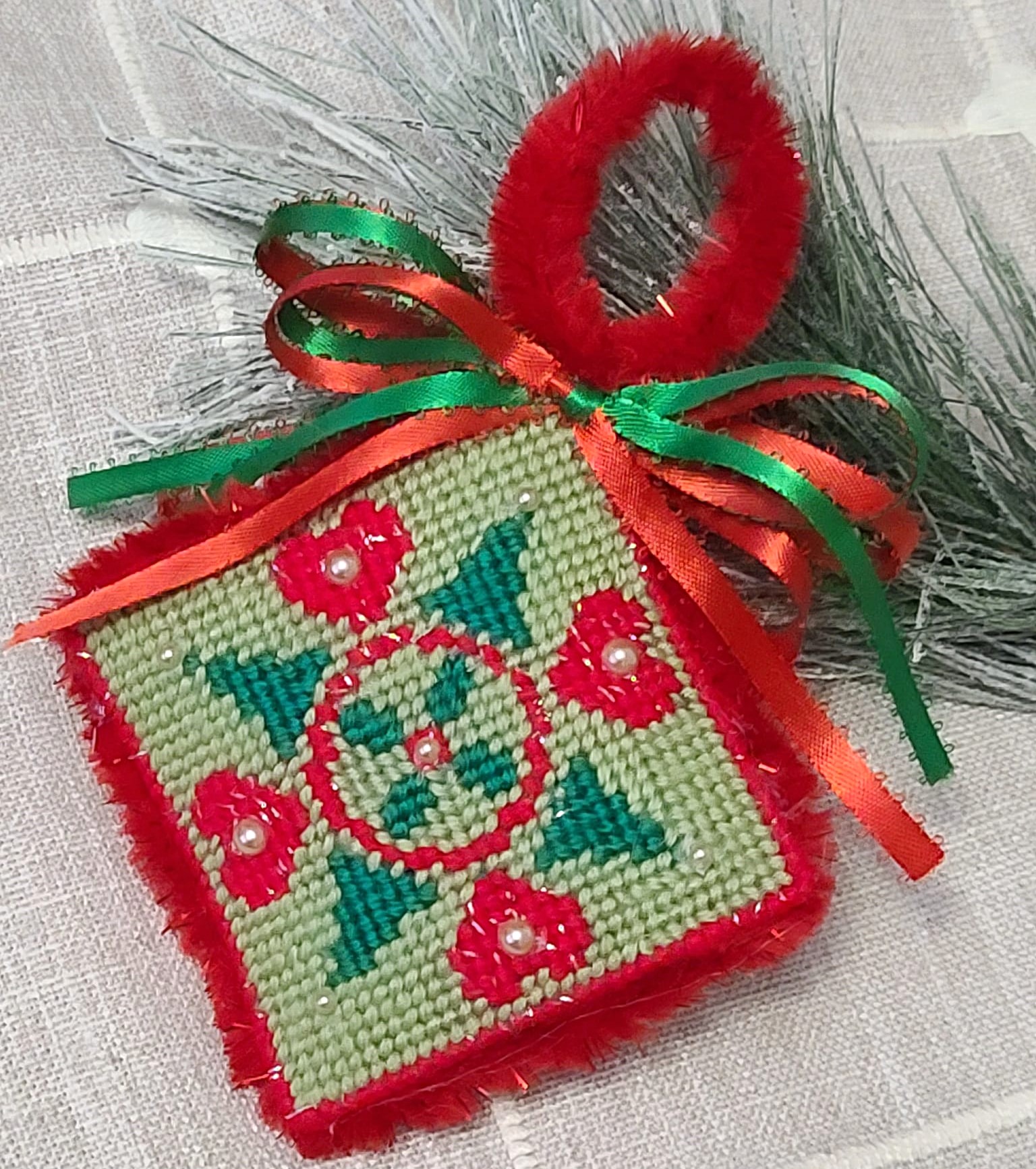 Needlepoint heart and evergreen trees hanger ornament