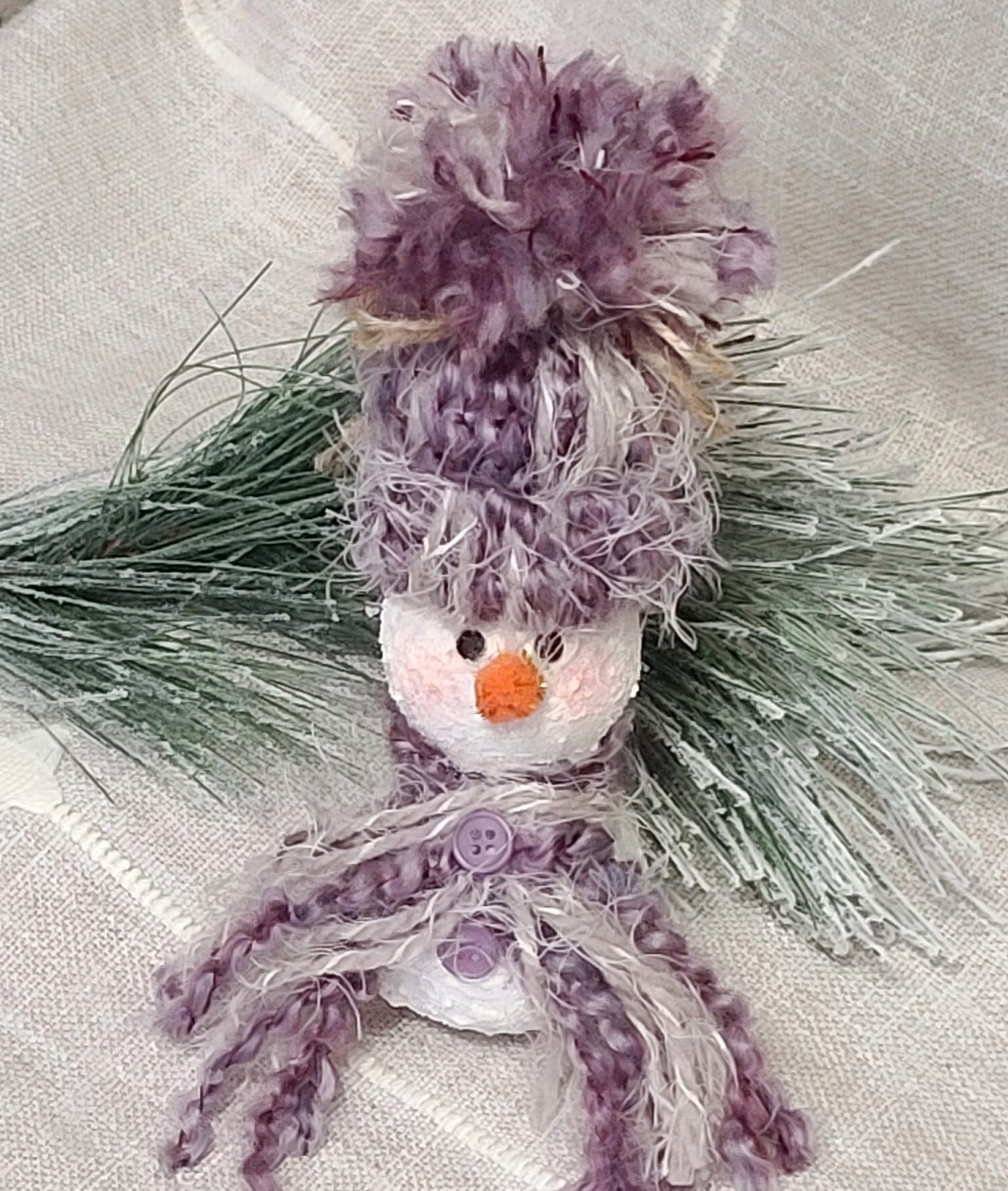 Handpainted gourd snowman ornament with knit hat - purple/white