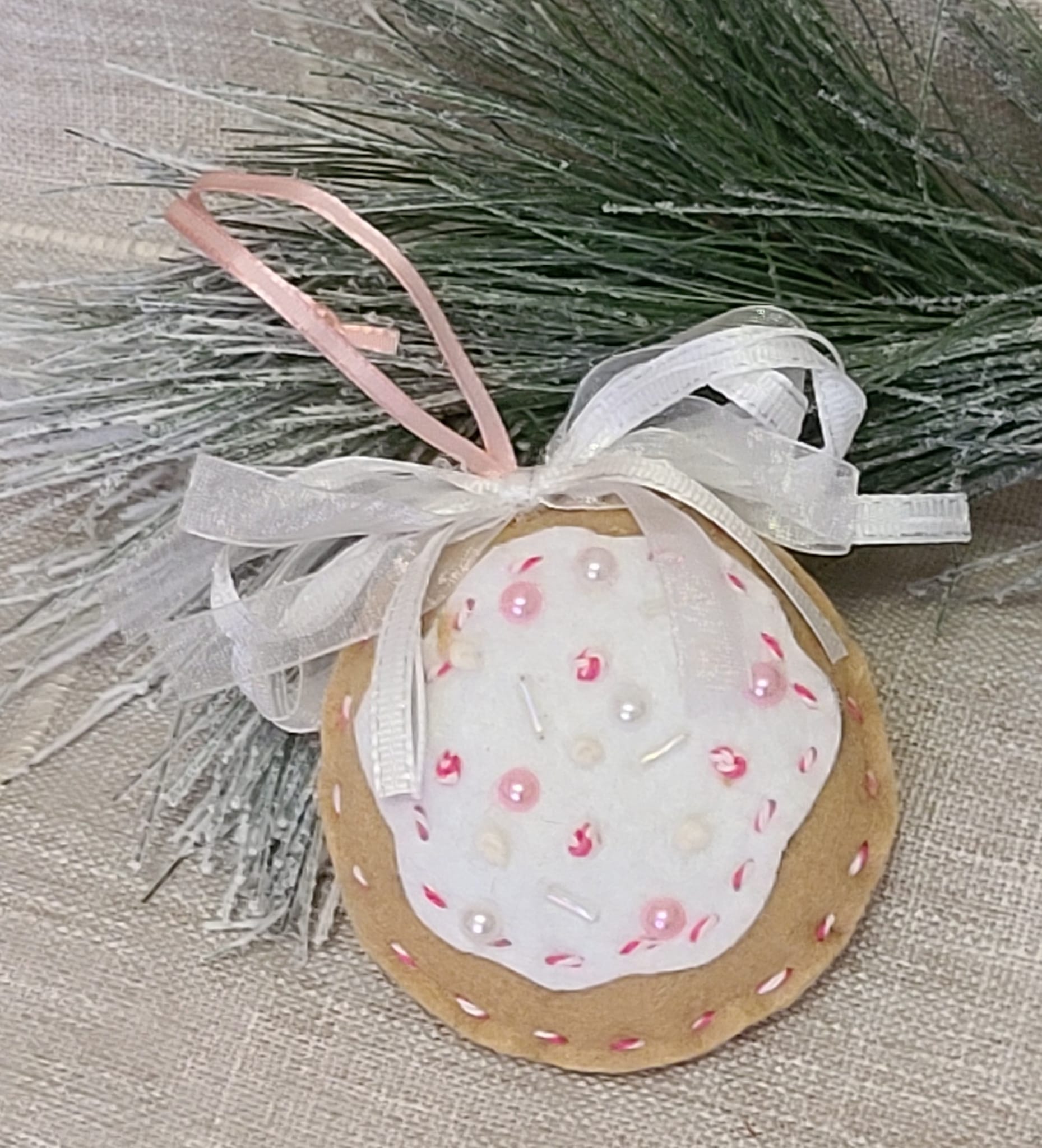 Gingerbread felt and white icing cookie ornament pink sprinkles
