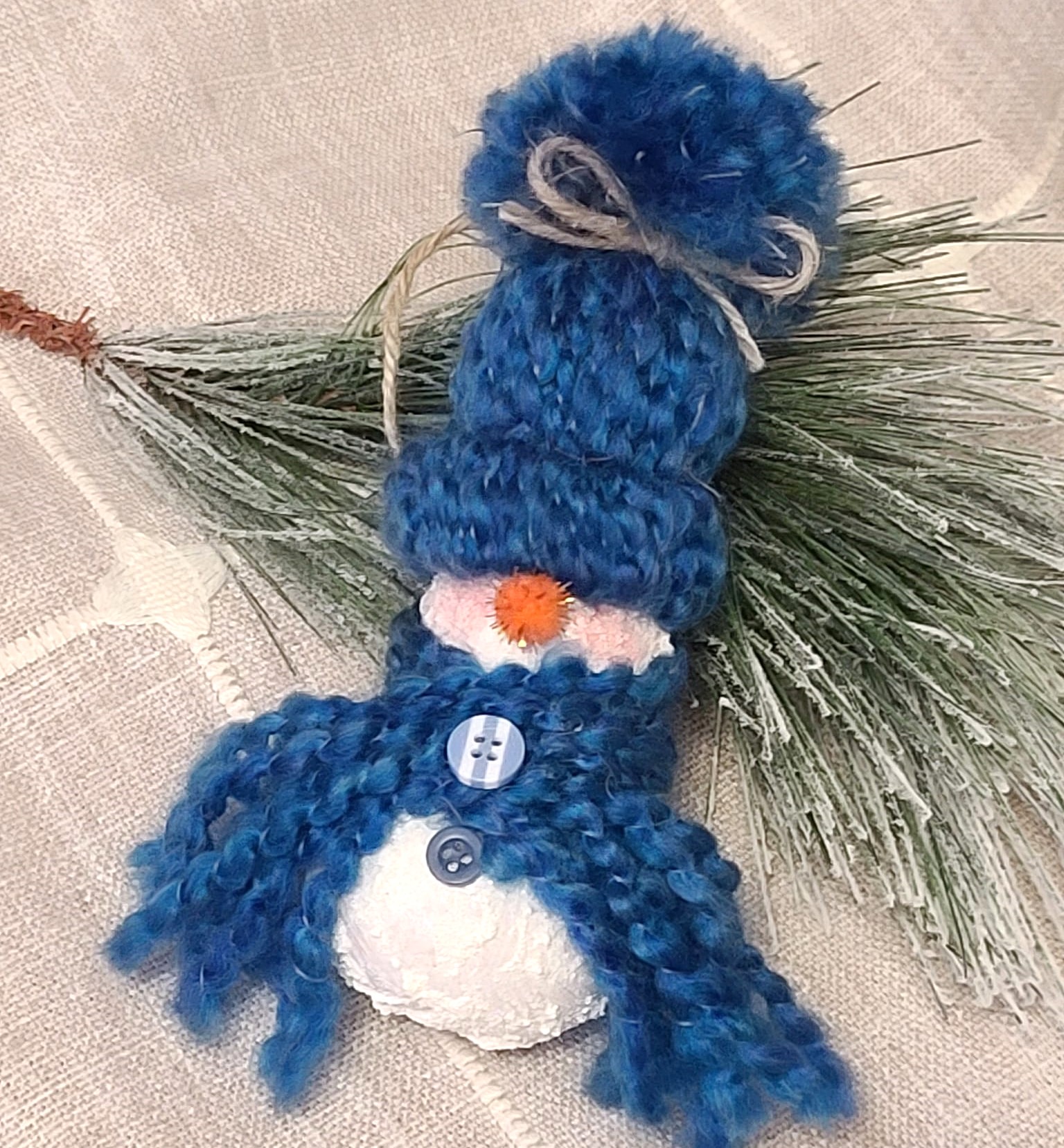 Handpainted gourd snowman ornament with knit hat - multi blue