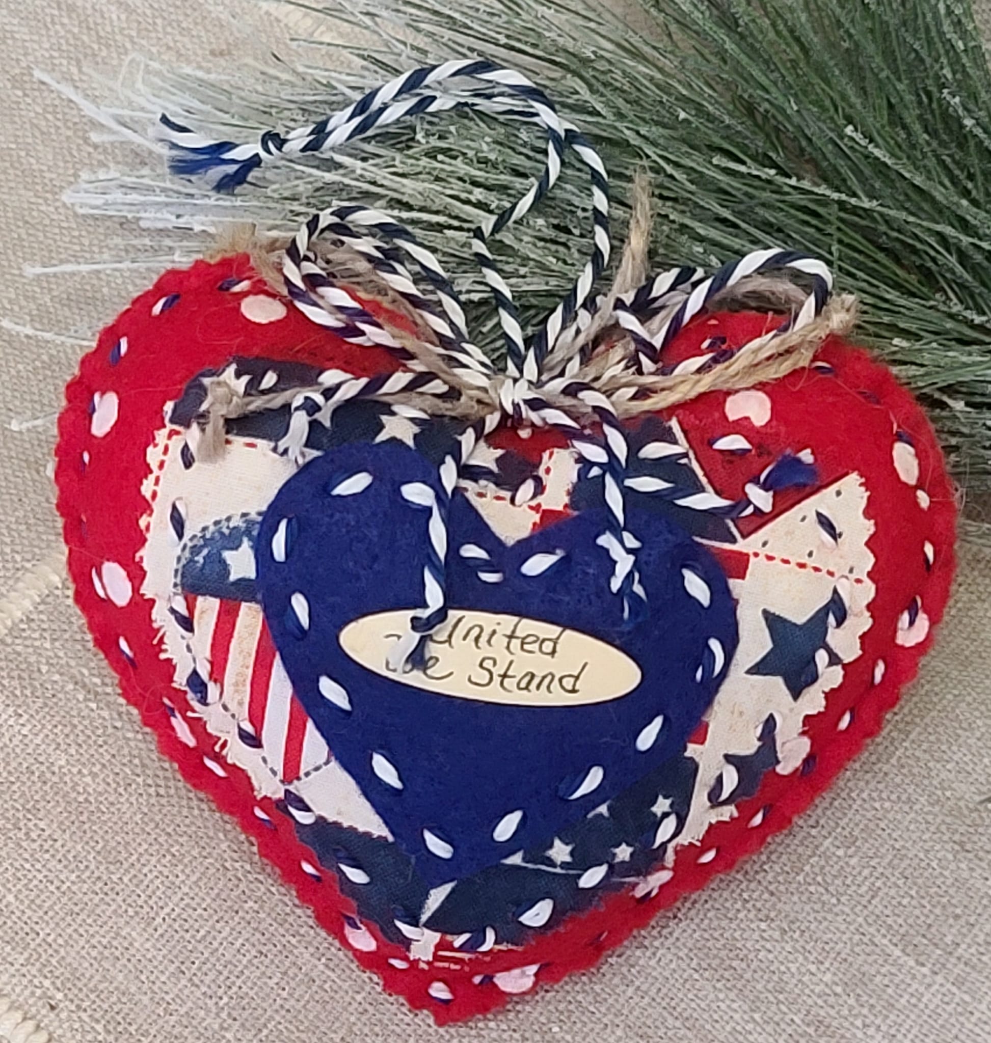 Felt and material United We Stand dpatriotic heart ornament