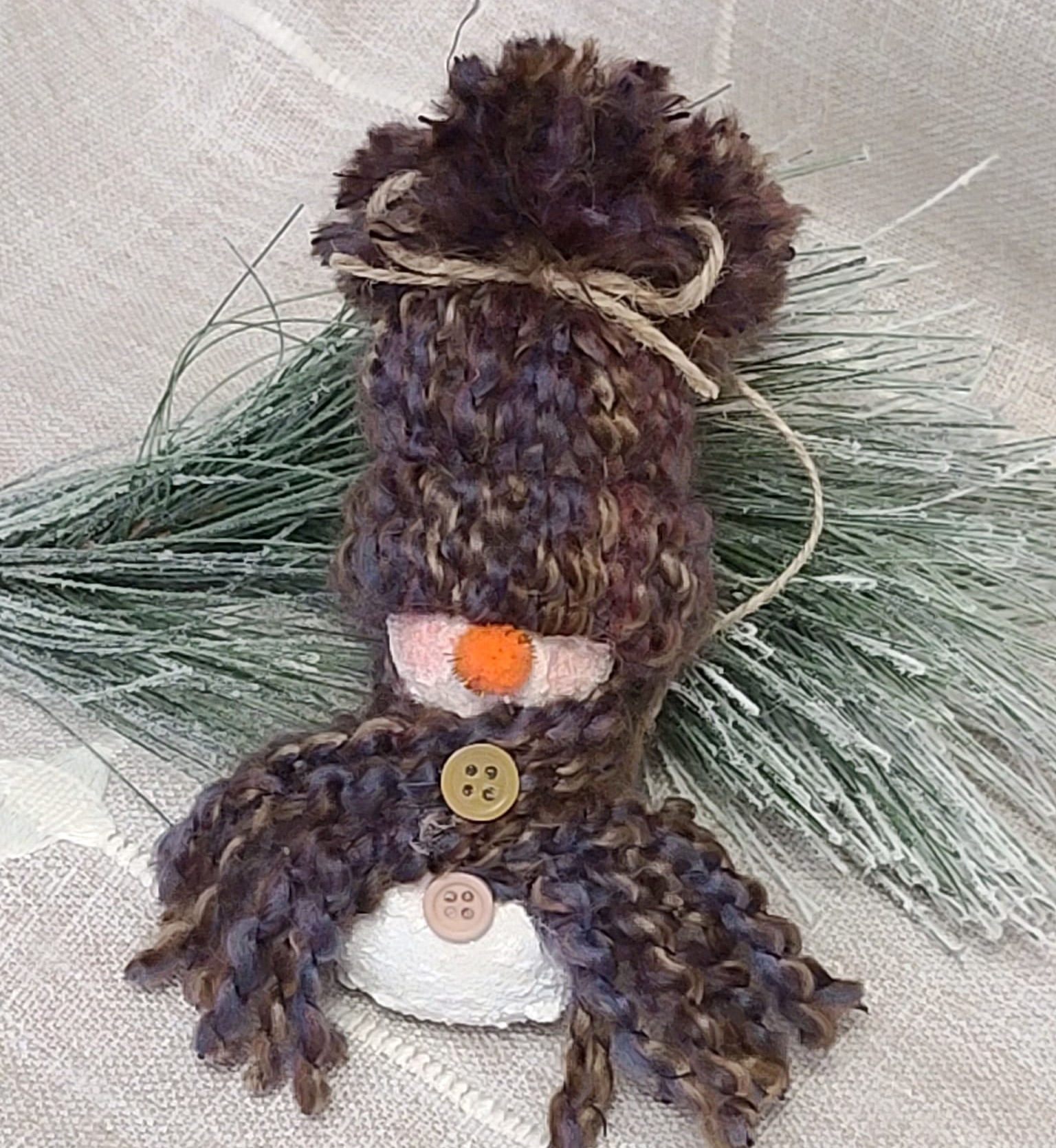Handpainted gourd snowman ornament with knit hat - multi brown