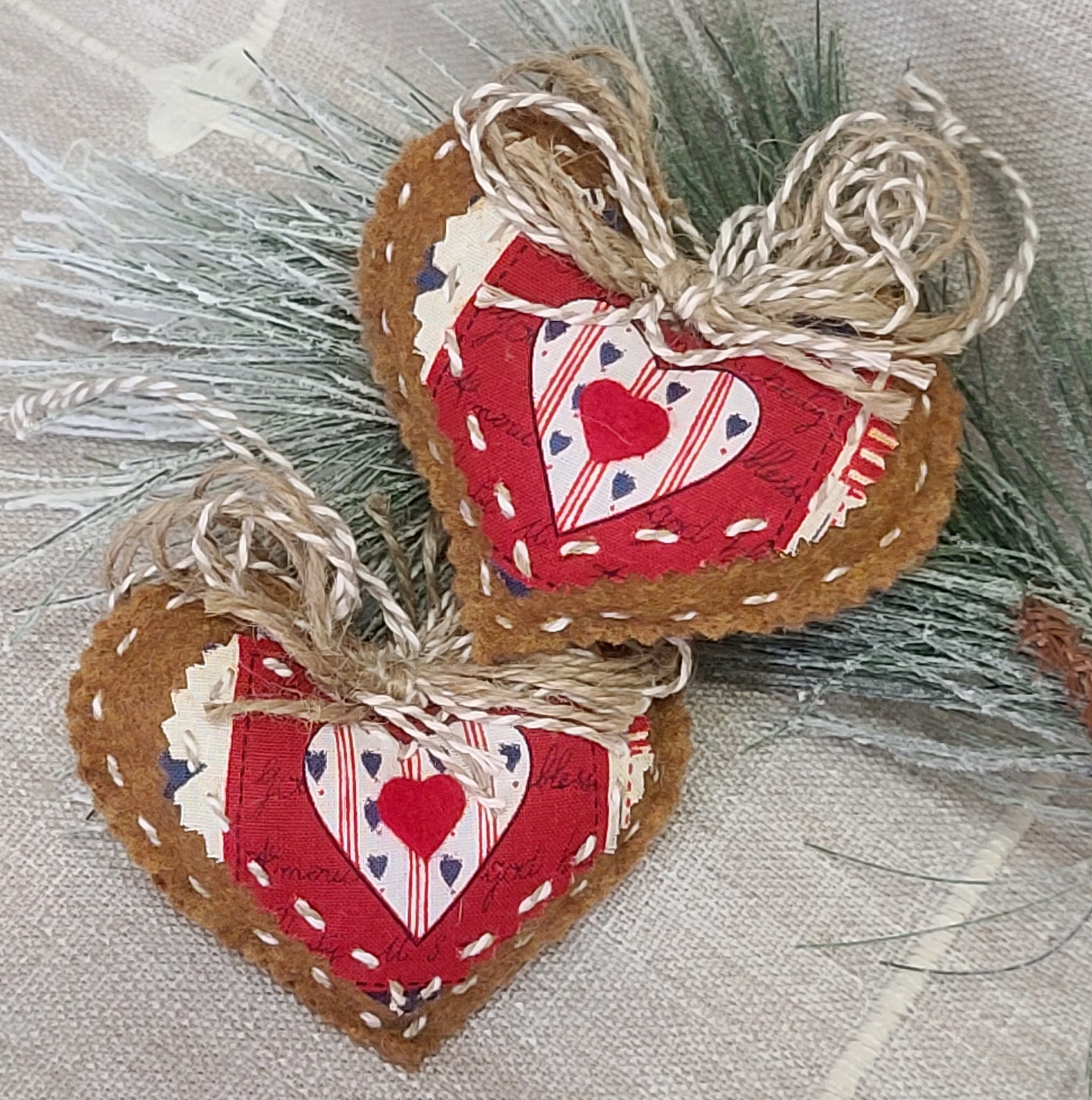 Gingerbread felt heart ornaments set of 2 - Patriotic heart