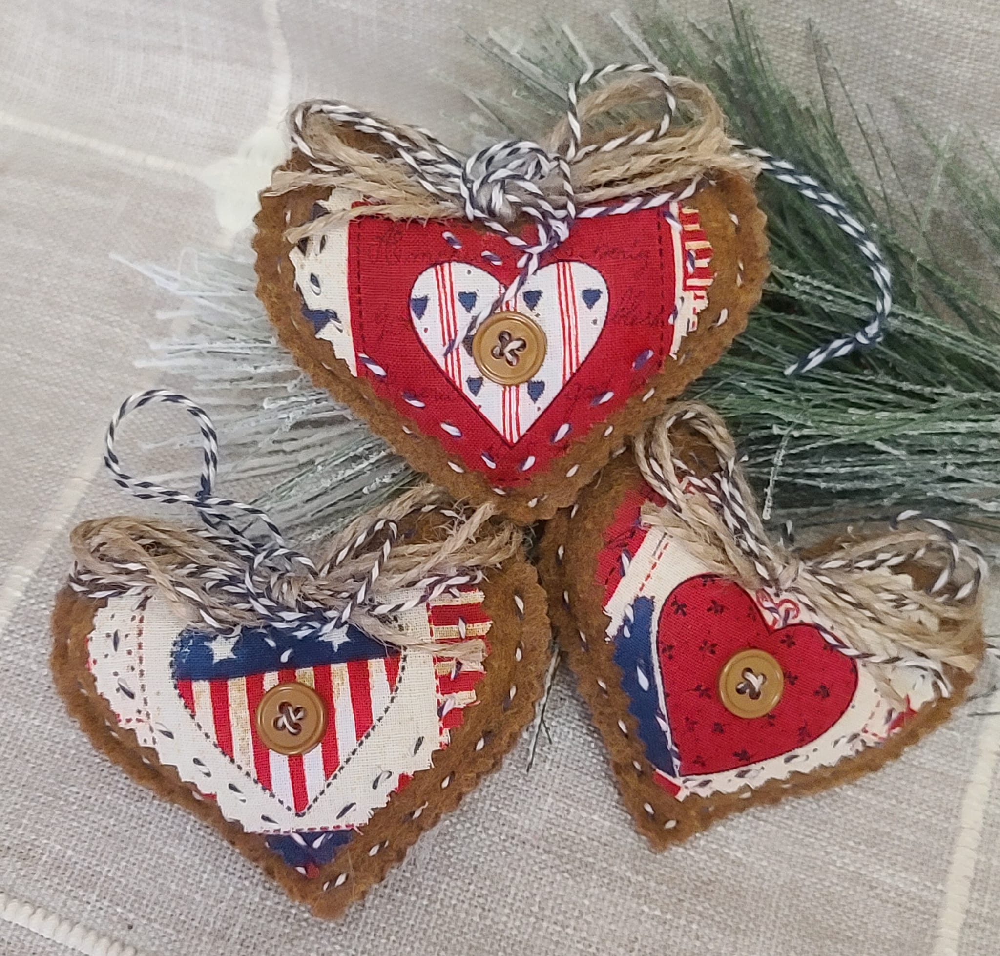 Gingerbread felt heart ornaments set of 3 - Patriotic heart