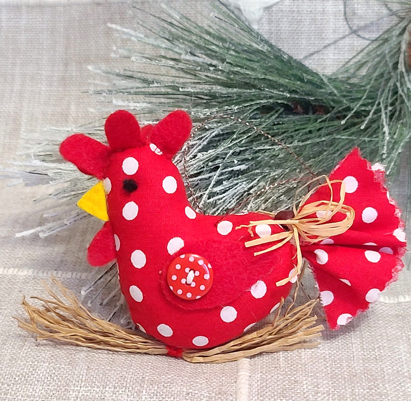Country polka dot rooster ornament on straw branch -red & white