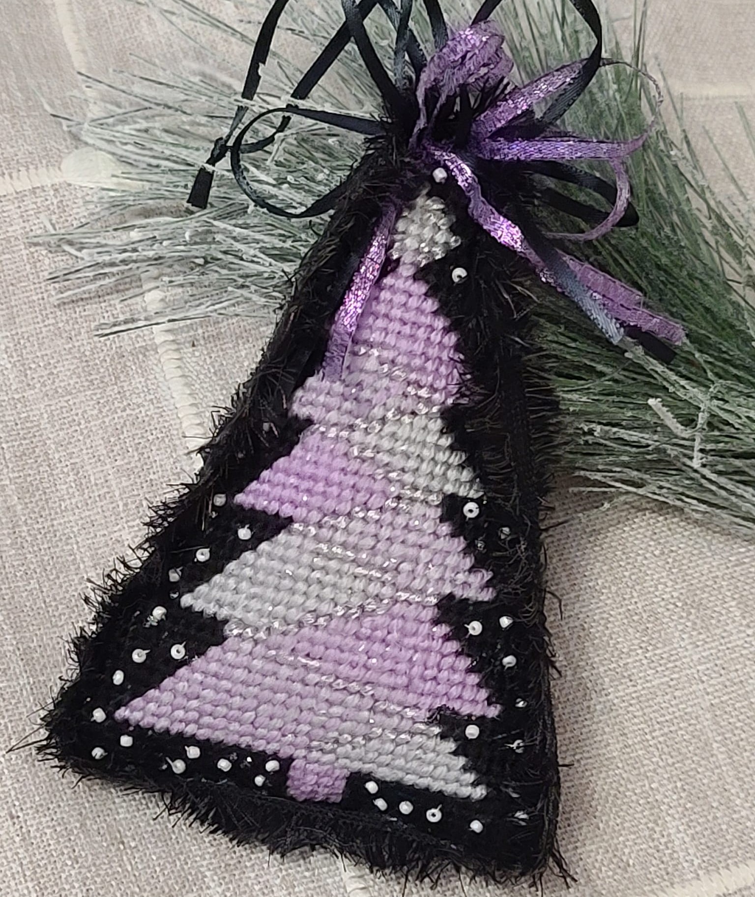 Needlepoint modern look purple and black christmas tree ornament