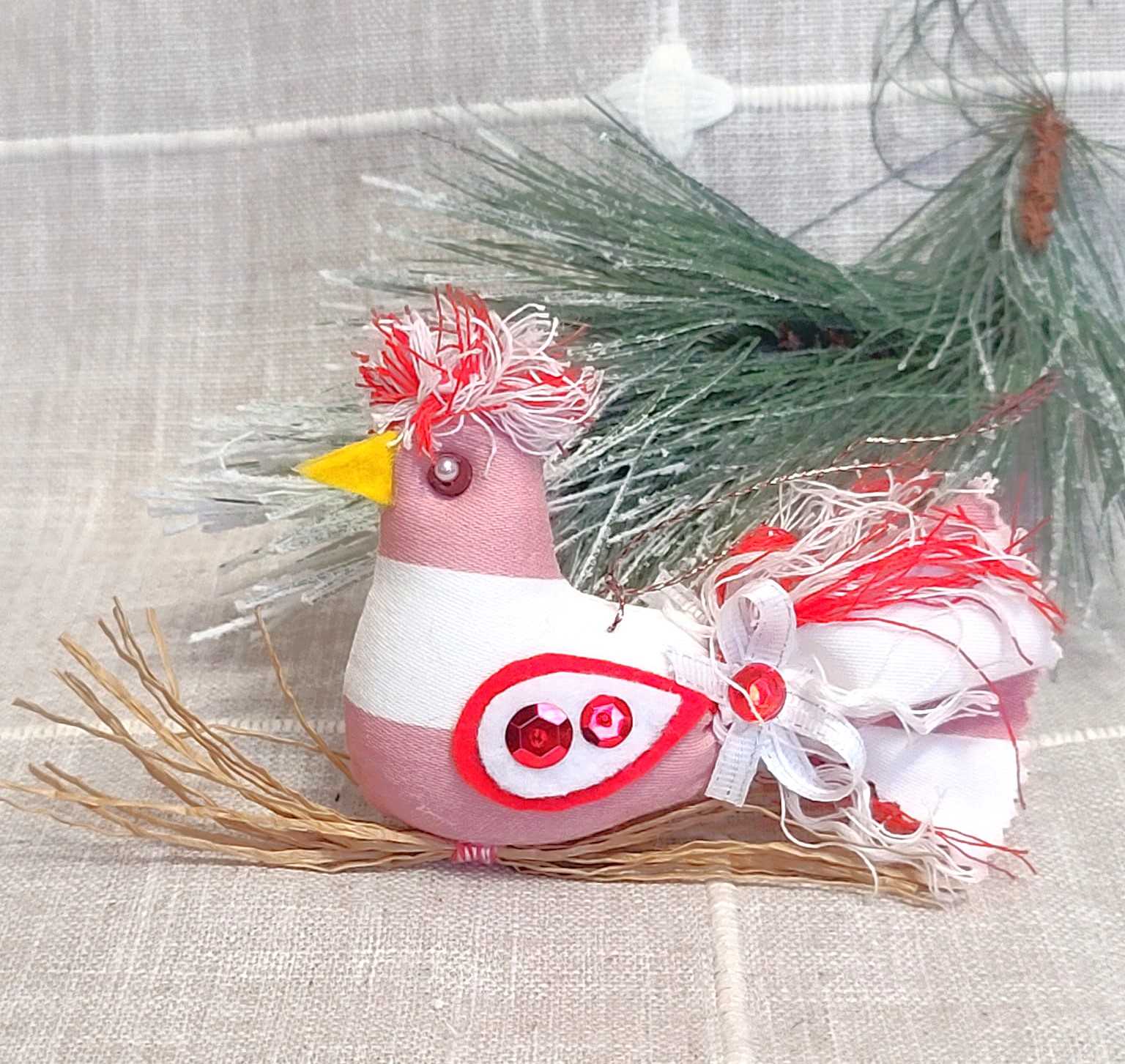 Whimsical felt bird on straw branch ornament - red and white