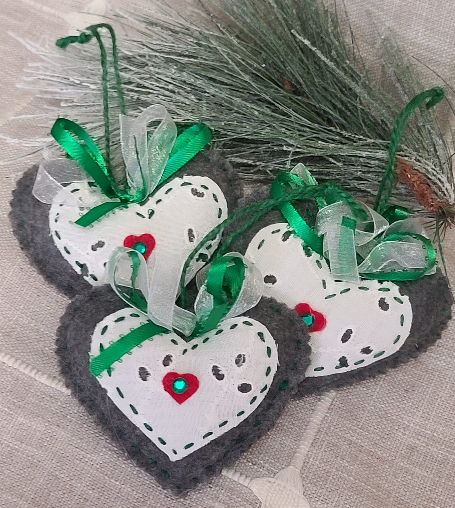Lace and Gray Hearts Romantic stuffed Heart Ornaments set of 3
