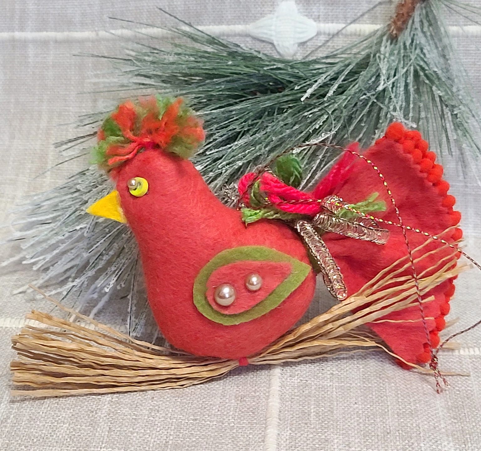 Whimsical felt bird on straw branch ornament - salmon color