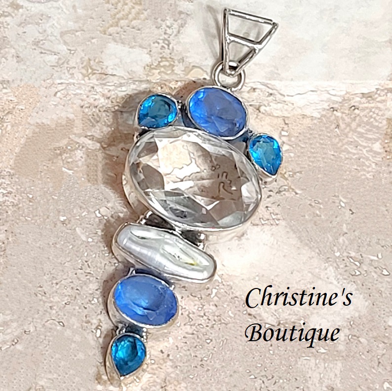 White, Blue Topaz & Pearl 925 Sterling Silver Pendant - Click Image to Close