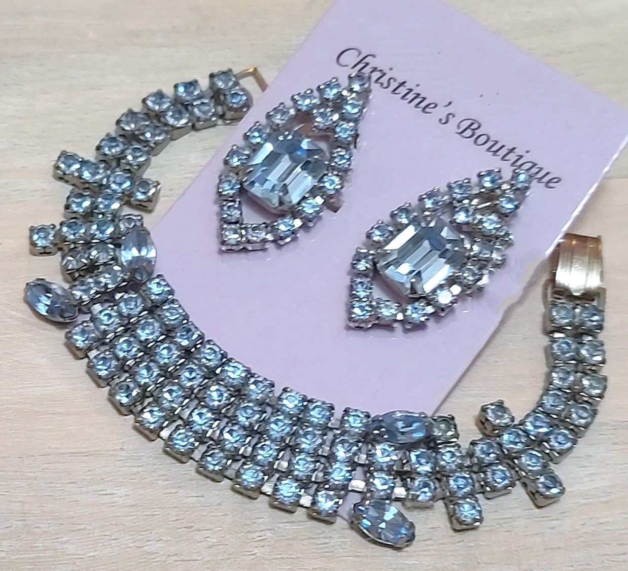 Blue rhinestone bracelet and earrings, statement bracelet, clipon earrings - Click Image to Close