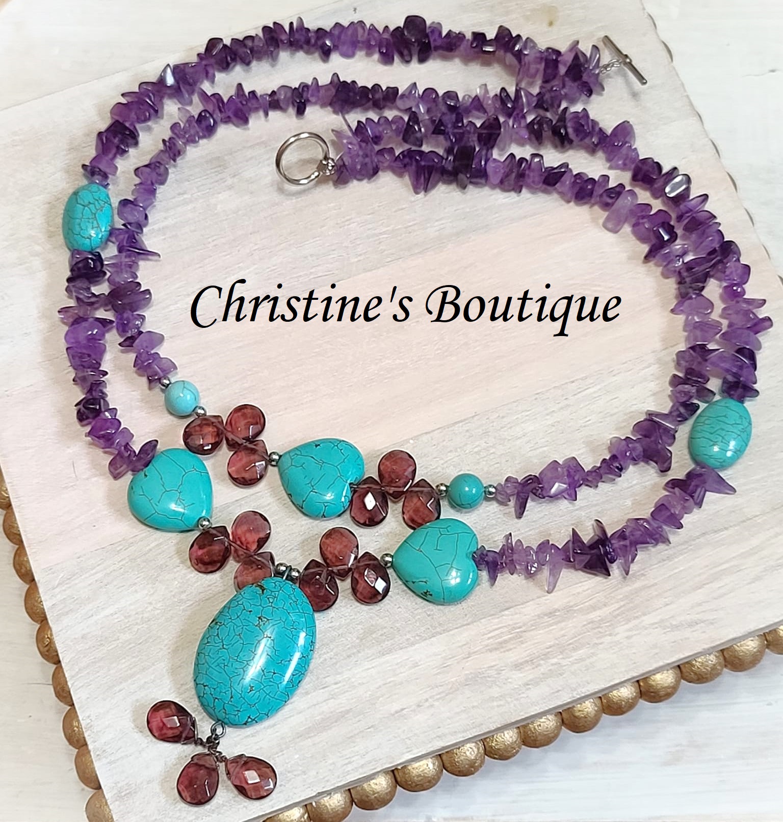 Amethyst Chips, Turquoise and Garnet Gemstones 2 Tier Necklace