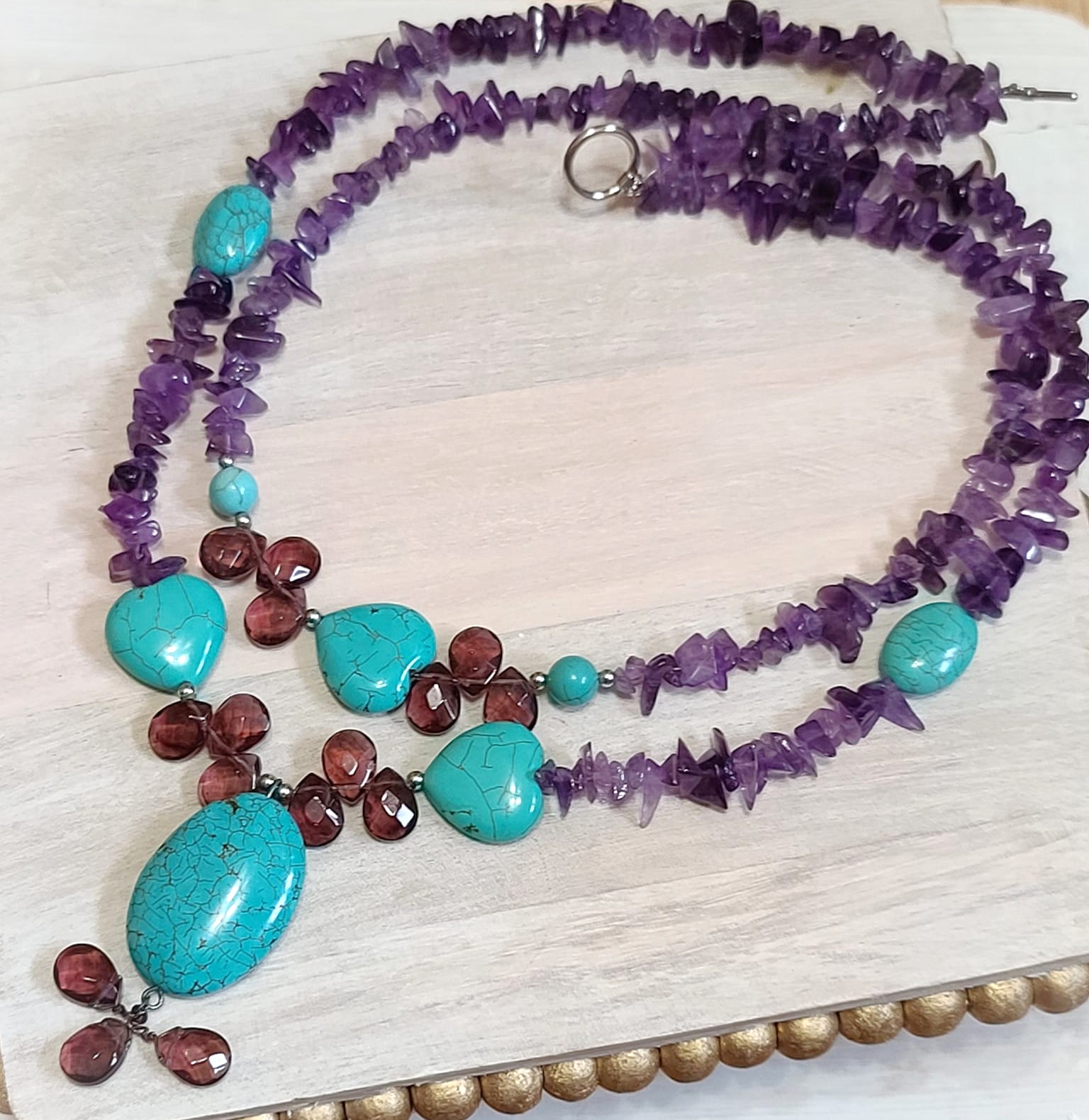 Amethyst Chips, Turquoise and Garnet Gemstones 2 Tier Necklace