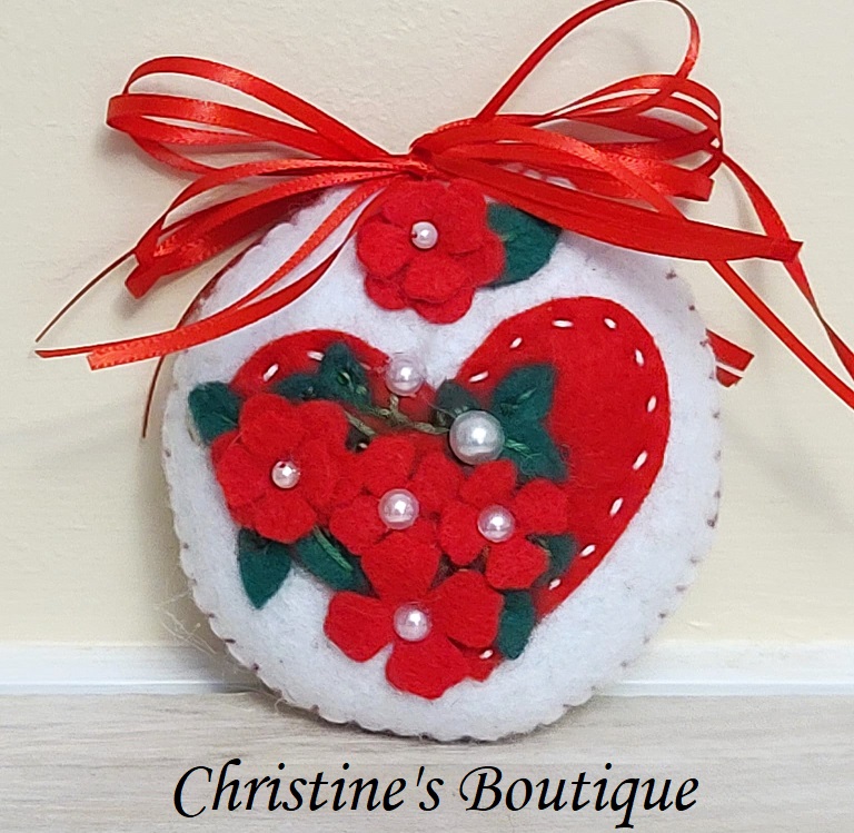 Felt embroidery heart round ornament with red flowers and pearls