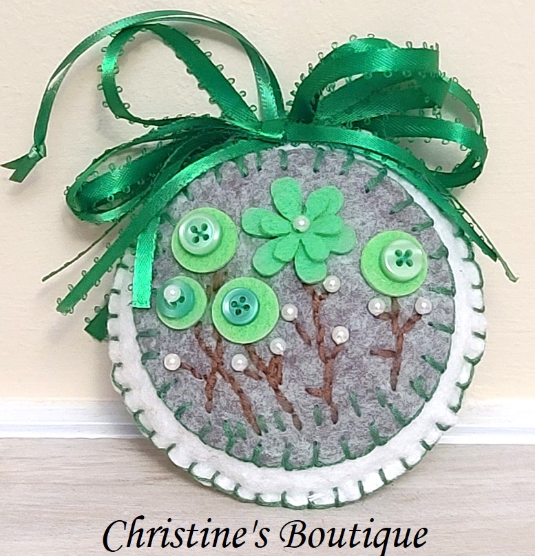 Felt embroidery round ornament with green flowers, buttons