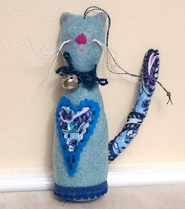 Cat ornament, handmade, felt ornament - light blue and paisley accents