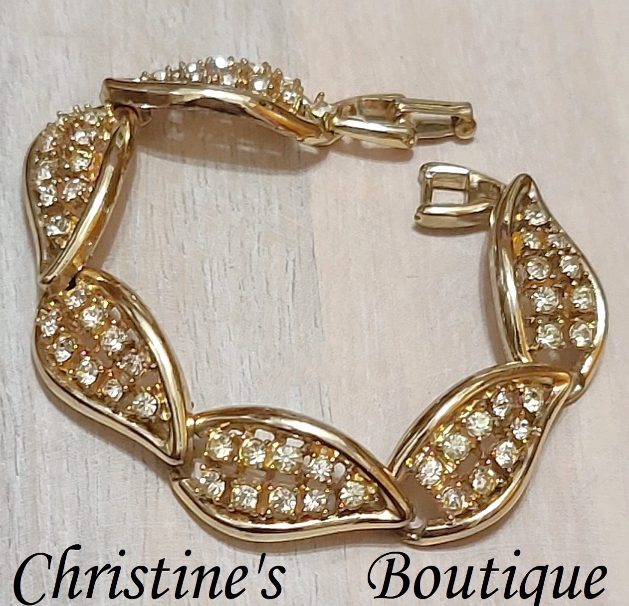 Rhinestone bracelet, vintage, rhinestone leaf motif, 7"