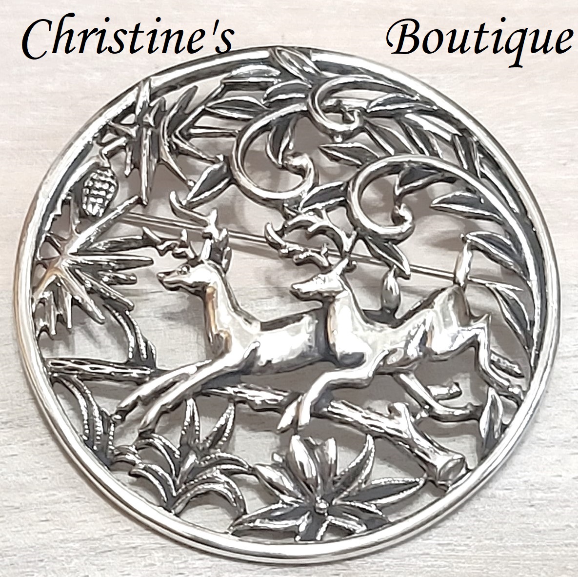 Sarah Coventry jewelry, vintage reindeer winter scene large brooch, pin 2 3/4 " x 2 3/4"