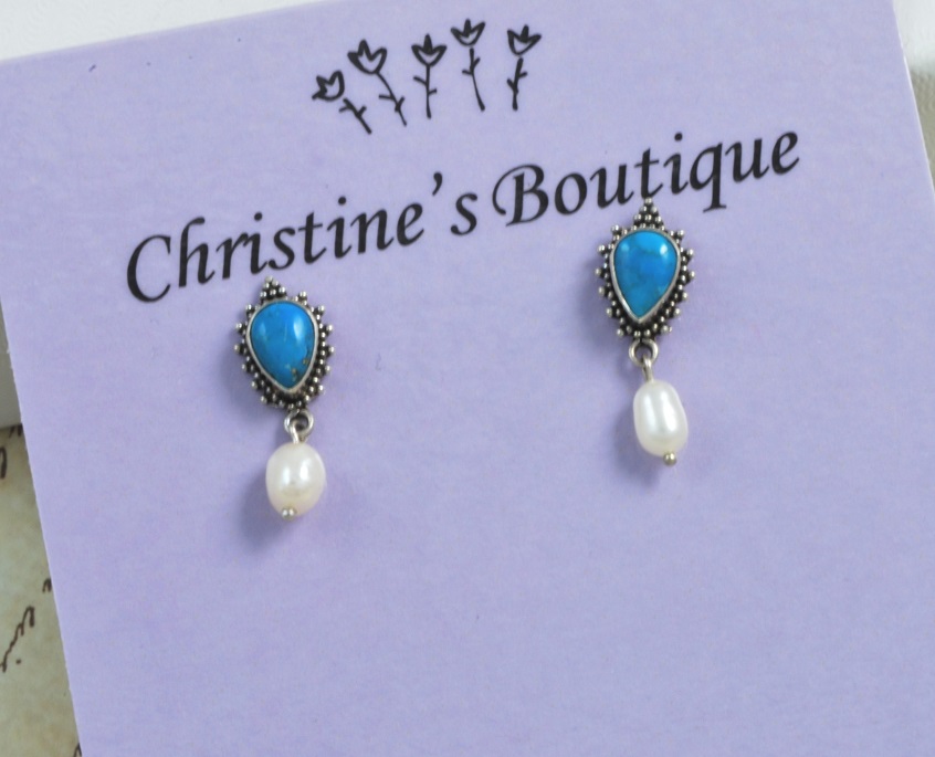 Turquoise and Pearl 925 Sterling Silver Earrings