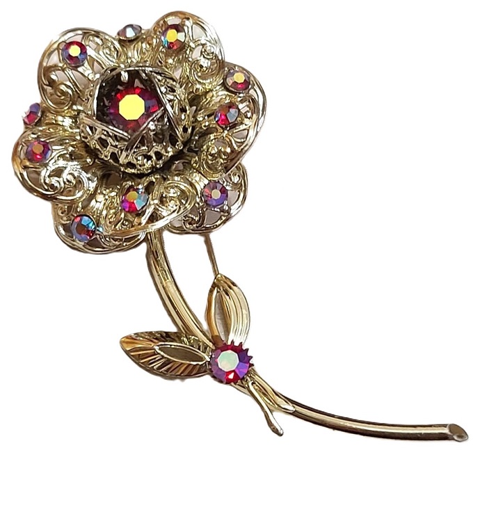 Sarah Coventry rose pin, with aurora borealis and rhinestones, rose with thorns