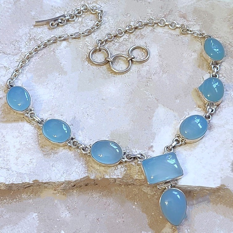 Blue Calchedony Gemstone 925 Sterling Silver Necklace