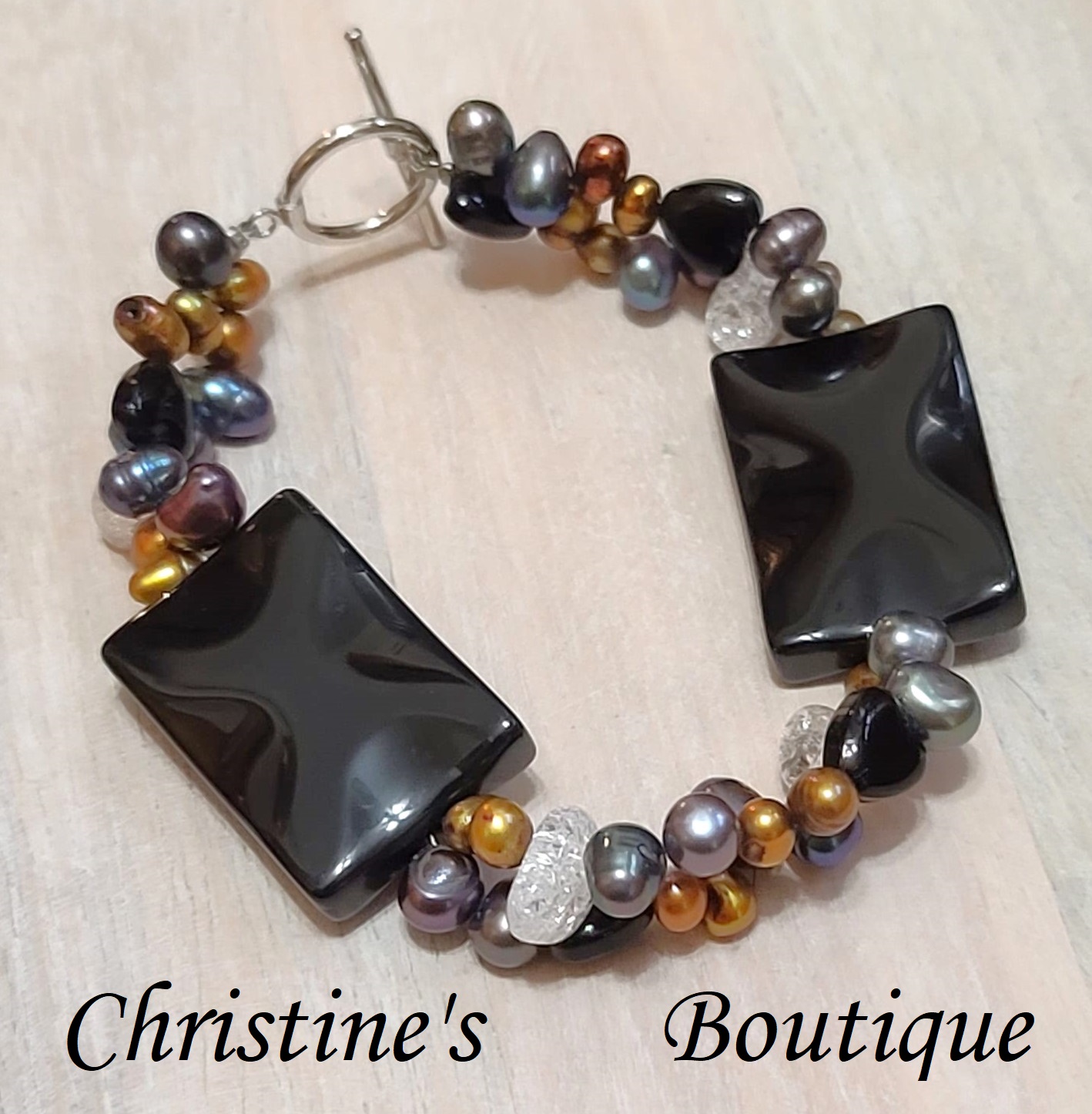 Gemstone chunky bracelet, Onyx and freshwater pearls two strand