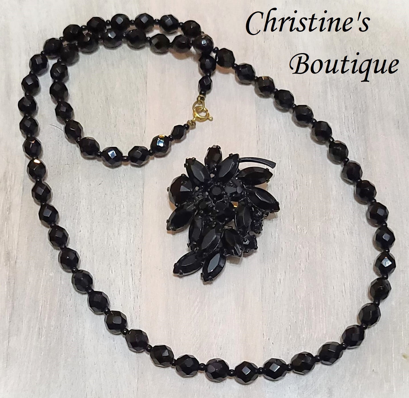 Faceted black glass vintage necklace & pin set, pin signed Weiss