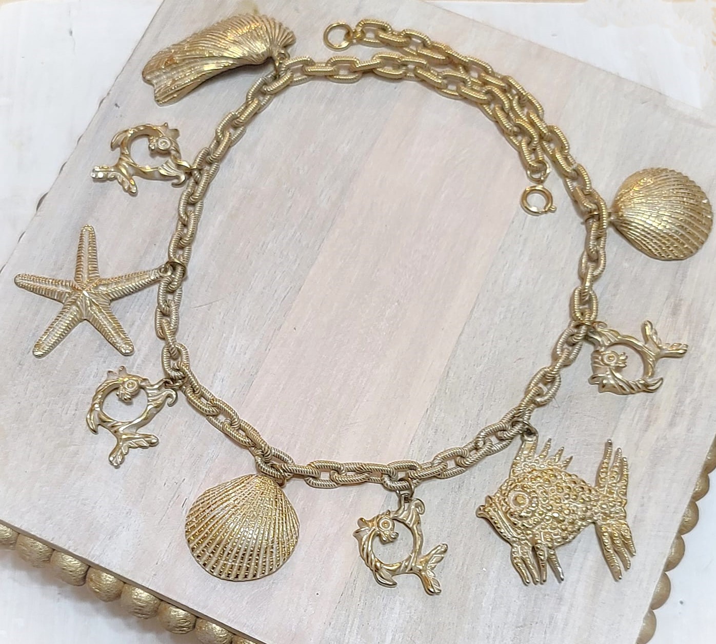 Seaside shells and fish charm vintage necklace