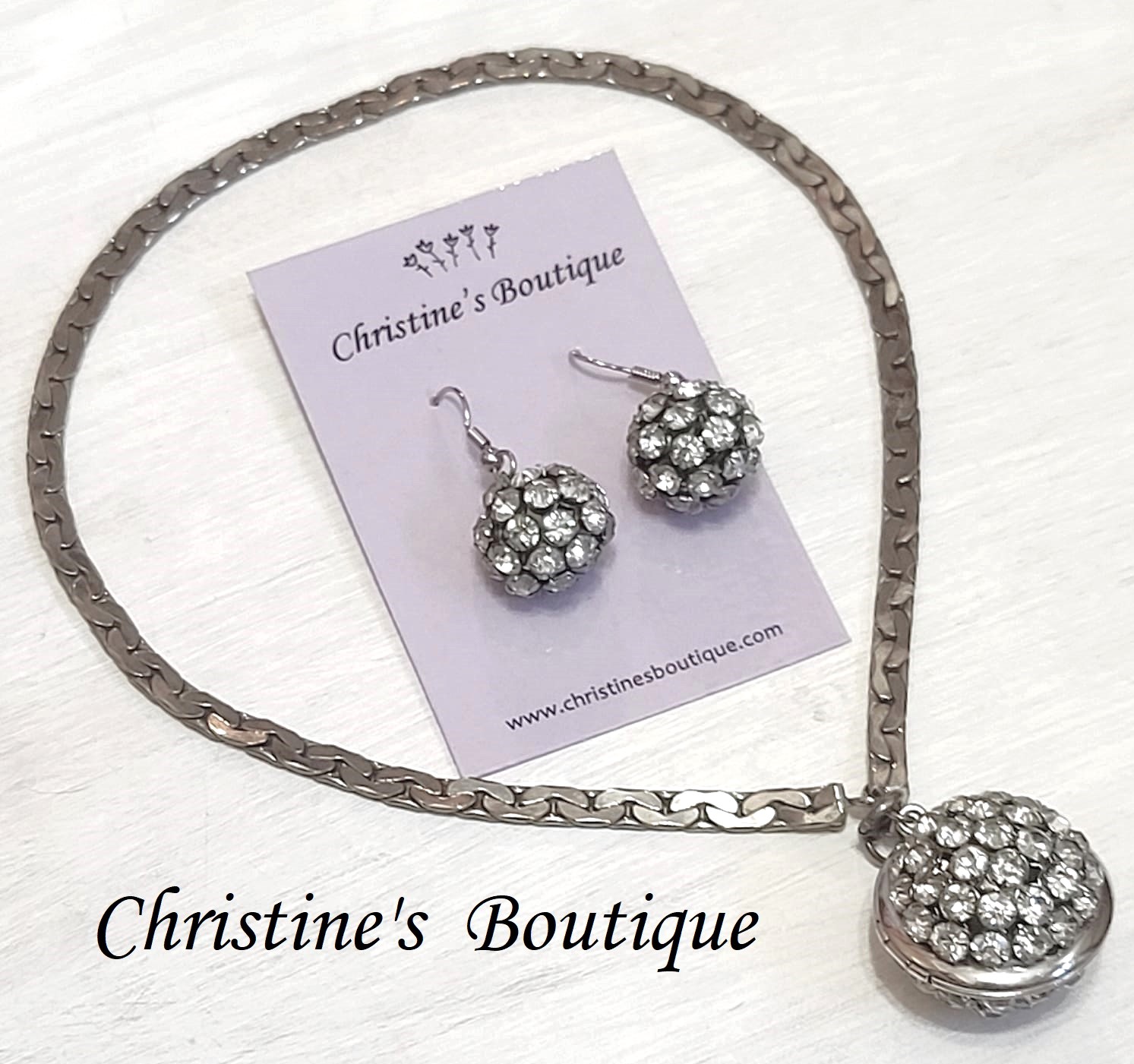 Rhinestone Ball Locket & Earrings Set on Sterling Heavy Chain - Click Image to Close