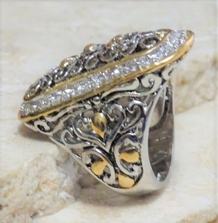 Fashion Oxidized Silver,Gold & CZ's Filigree Ring Size 6