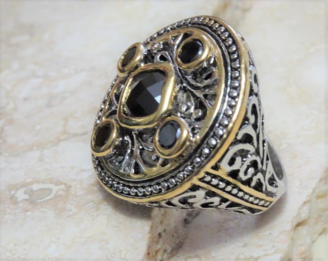 Fashion Oxidized Silver,Gold & CZ's Gothic Style Ring Size 9
