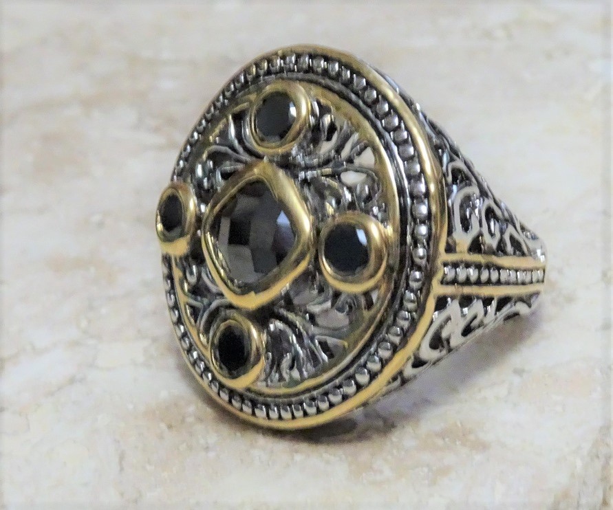 Fashion Oxidized Silver,Gold & CZ's Gothic Style Ring Size 9
