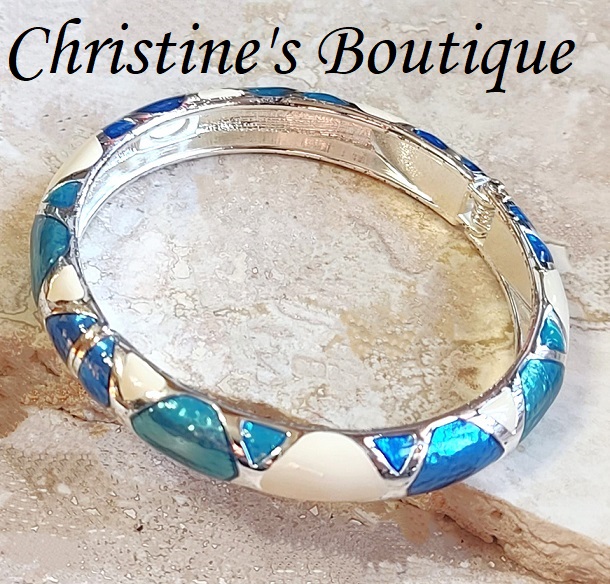 Enamel Blue & White Silvertone Clamp Bangle Bracelet