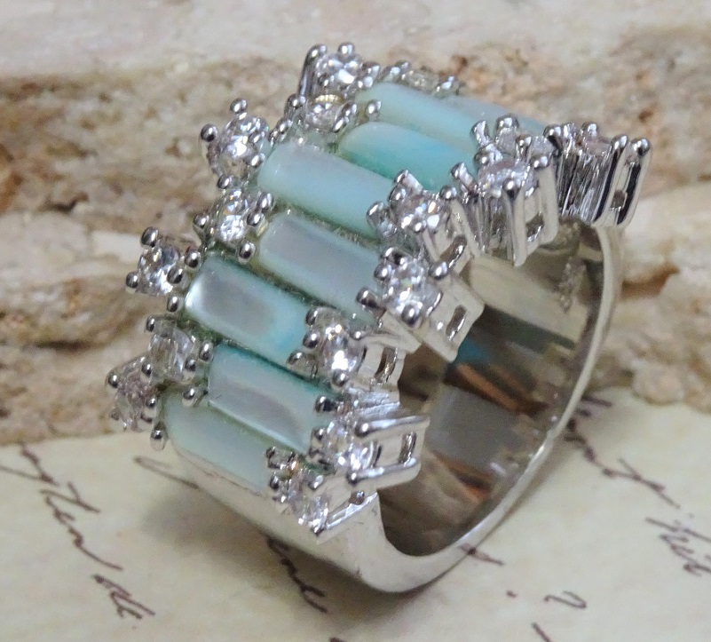 Fashion CZ's and Blue Shell Ring Size 7 - Click Image to Close