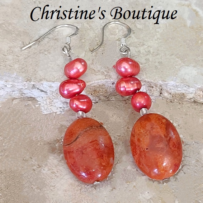 Coral and Dyed Pearl Dangle Earrings Set in 925 Sterling Silver