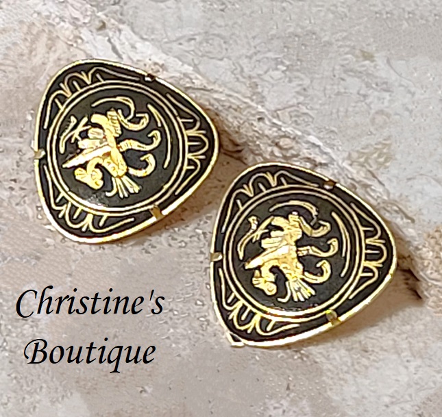 Damascene dragon earrings, vintage, clip ons