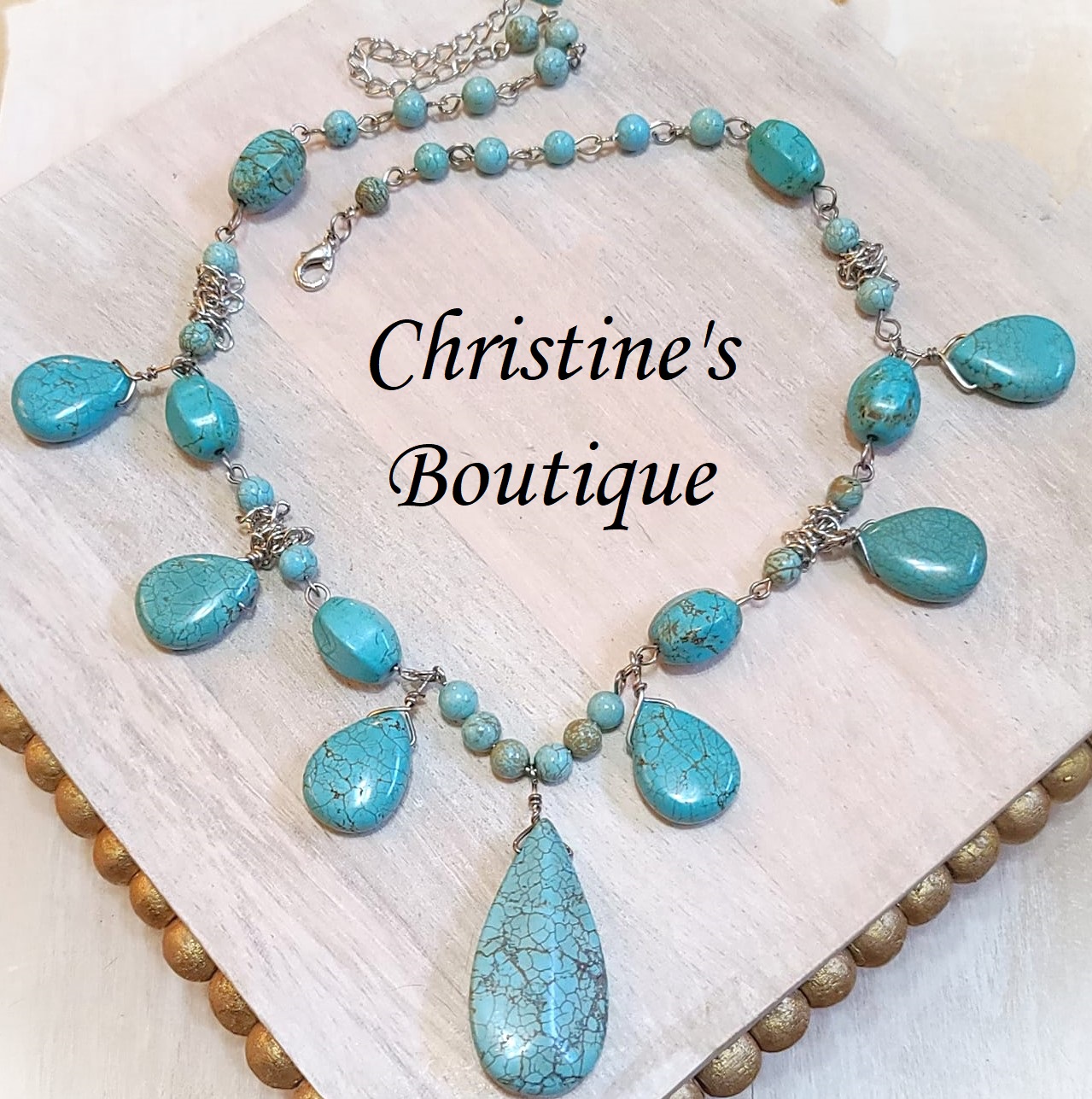 Turquoise gemstone tear drop necklace - Click Image to Close