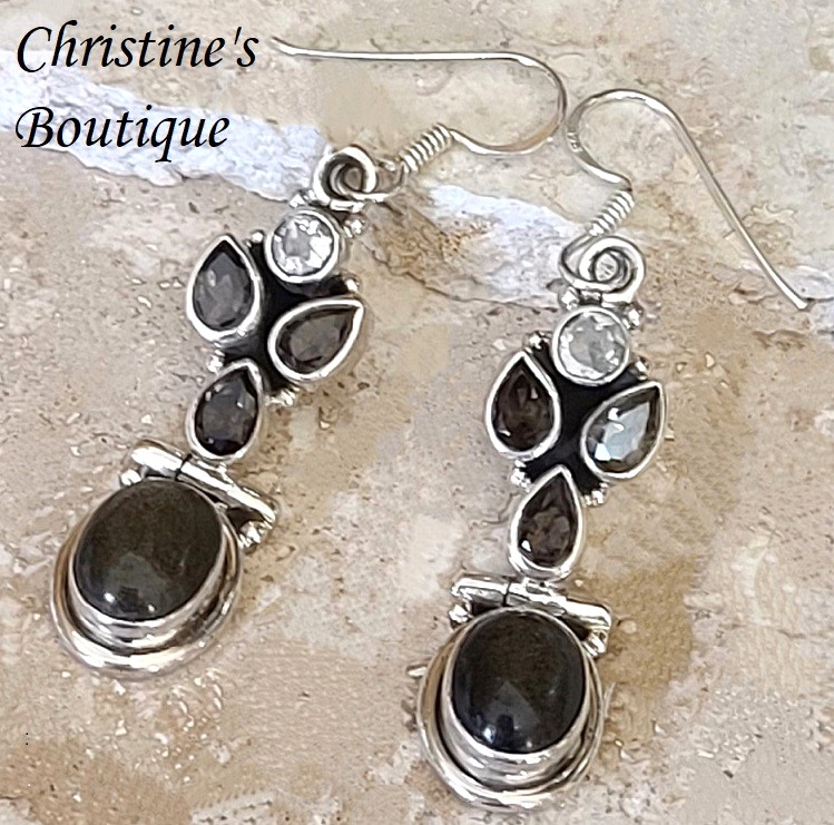 Gemstone dangle earrings, Obsidian smokey quartz set in 925 sterling silver