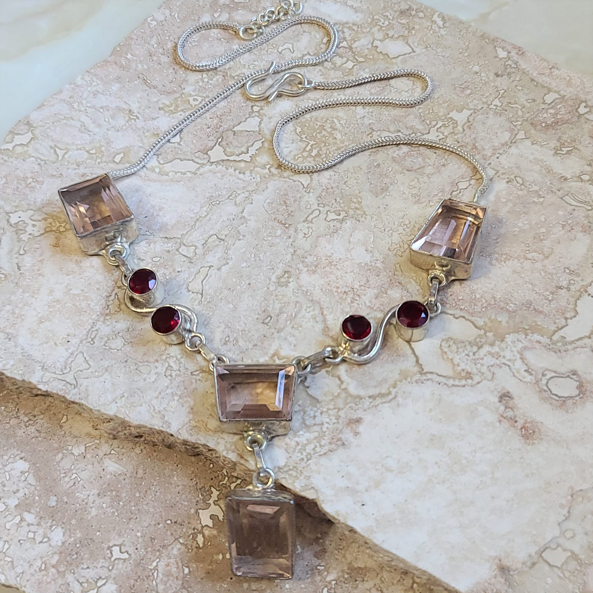 Pink & Garnet Quartz Gemstones in 925 Sterling Silver Necklace - Click Image to Close